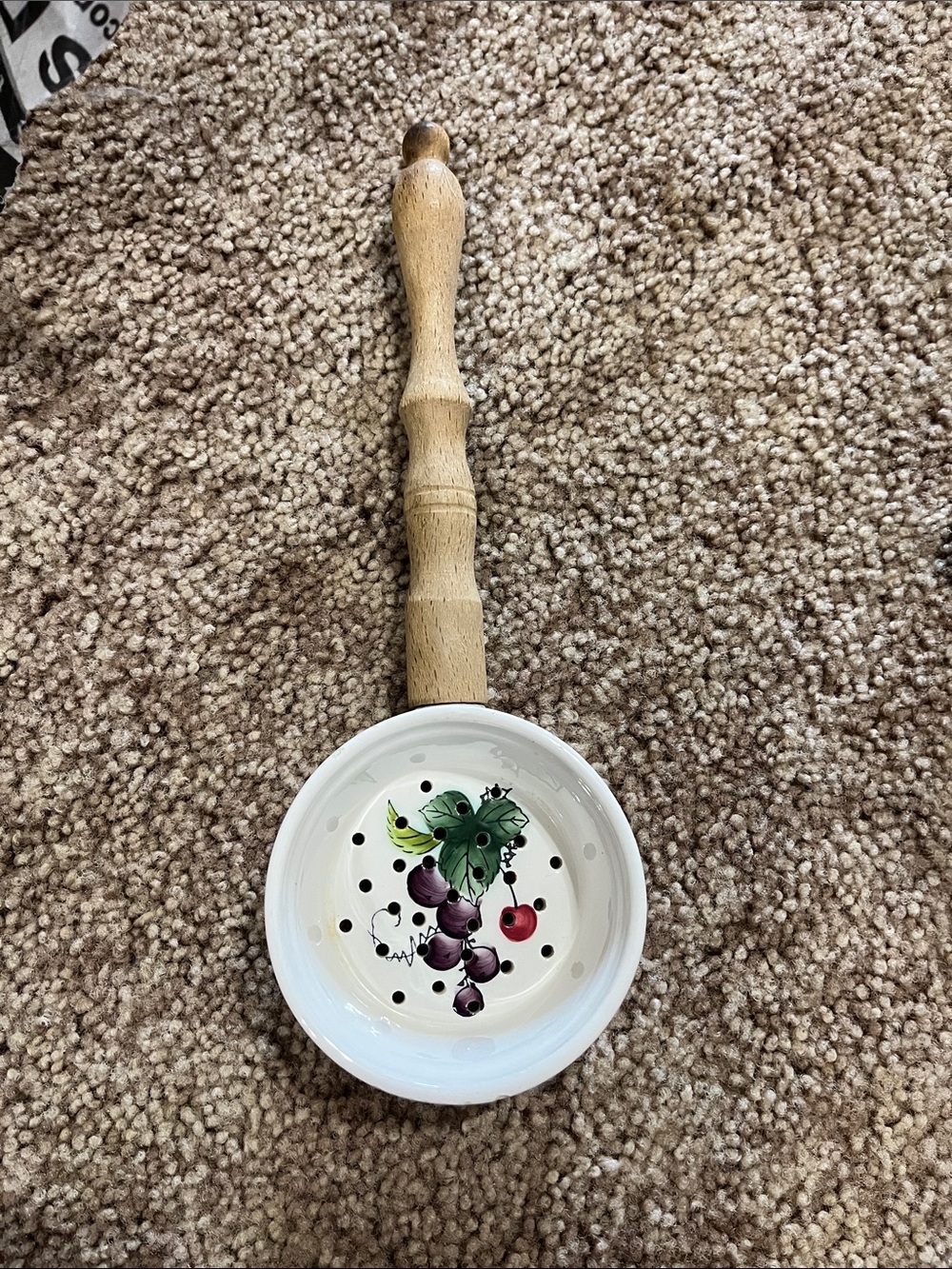 Wood-Handle Ceramic Berry Strainer Spoon in Cream and Brown